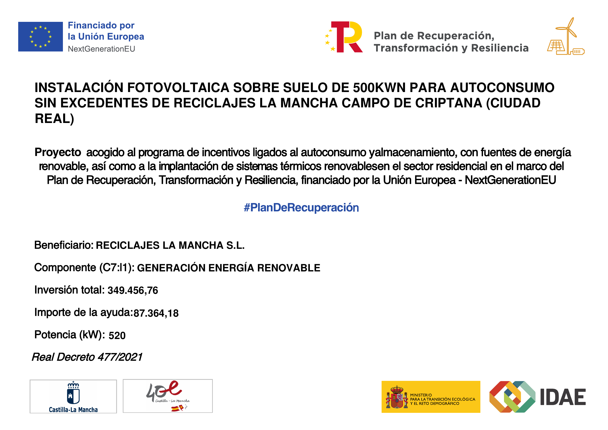 Cartel subvención instalación fotovoltaica Reciclajes La Mancha - NextGenerationEU